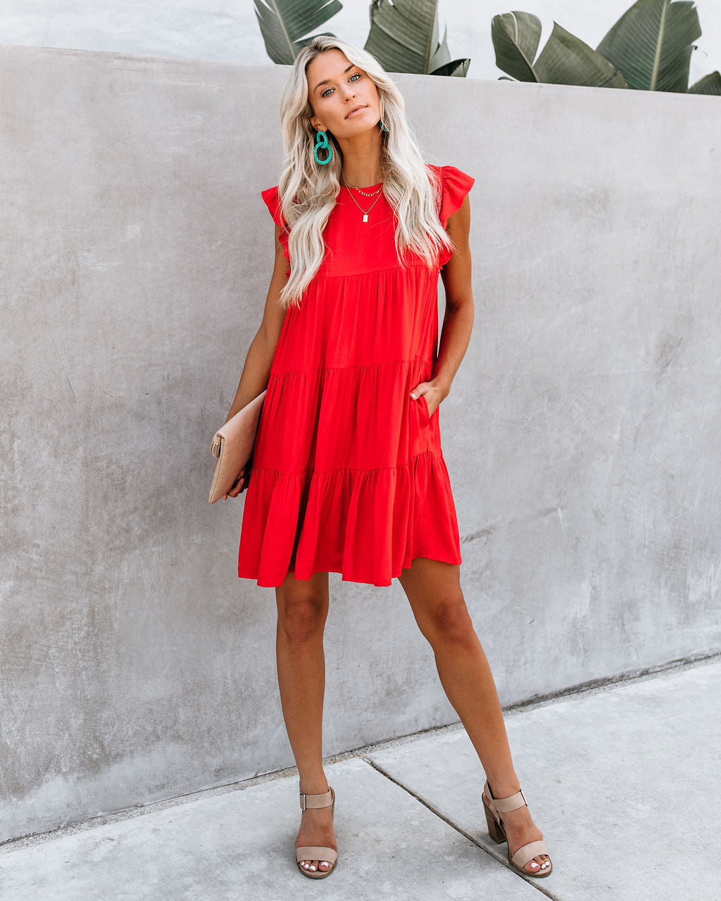 Round Neck Flutter Sleeve Tiered Pocket Babydoll Mini Dress 3
