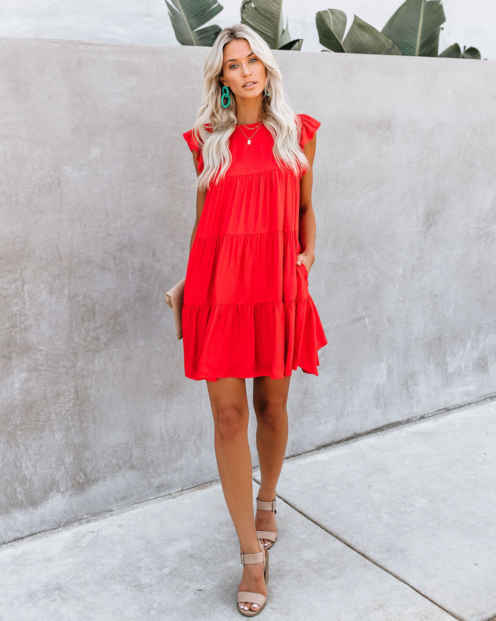 Round Neck Flutter Sleeve Tiered Pocket Babydoll Mini Dress 4
