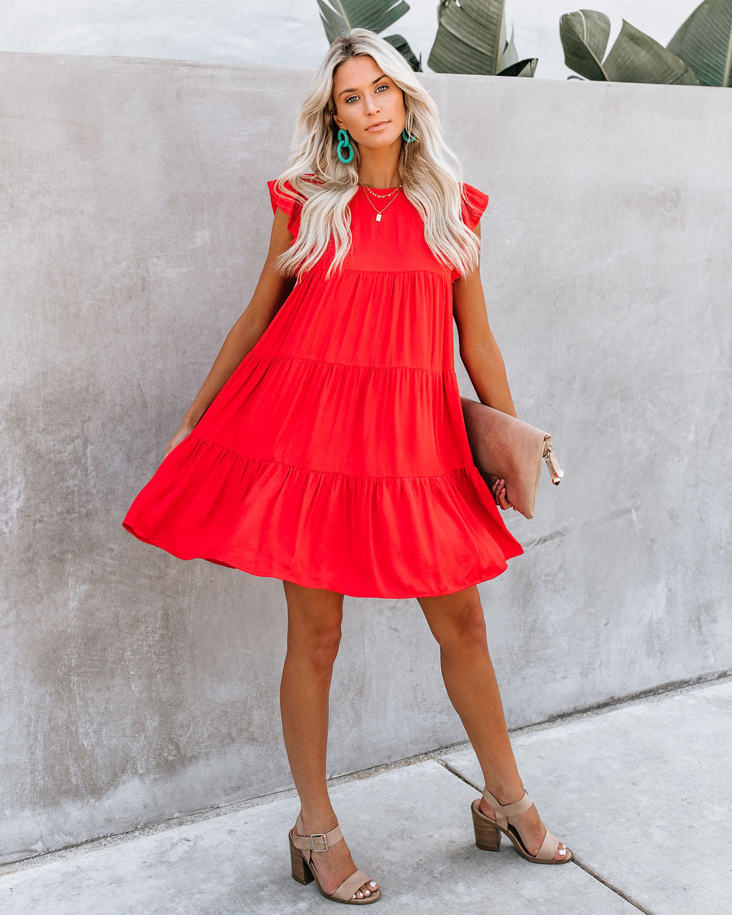 Round Neck Flutter Sleeve Tiered Pocket Babydoll Mini Dress 5