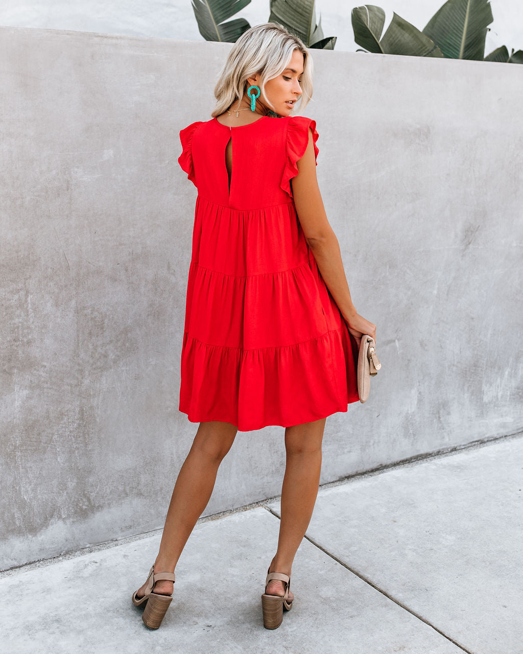 Round Neck Flutter Sleeve Tiered Pocket Babydoll Mini Dress 7