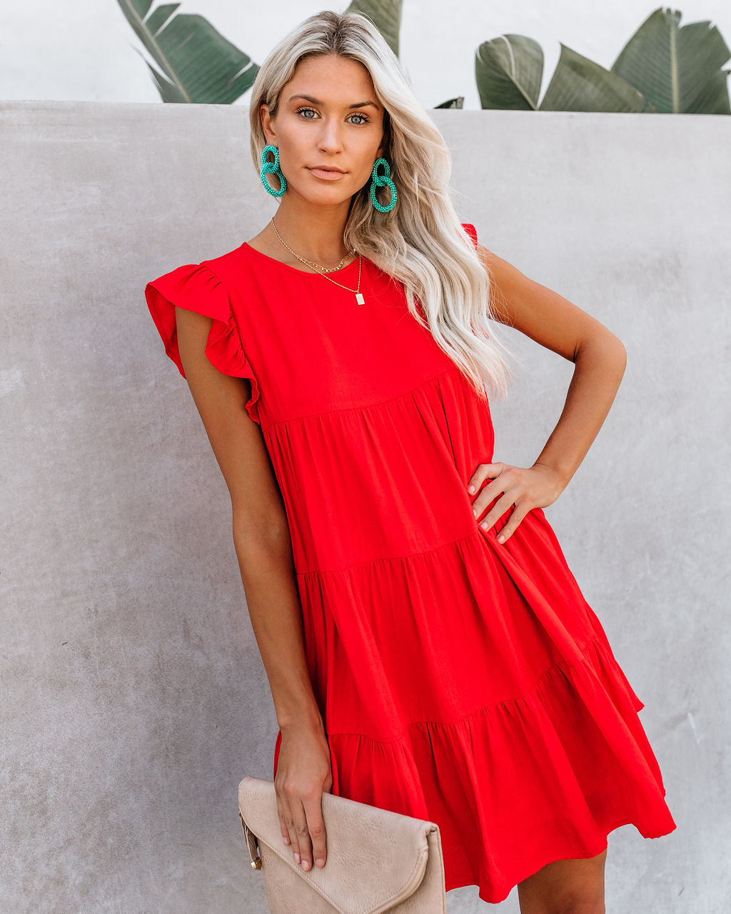 Round Neck Flutter Sleeve Tiered Pocket Babydoll Mini Dress 10