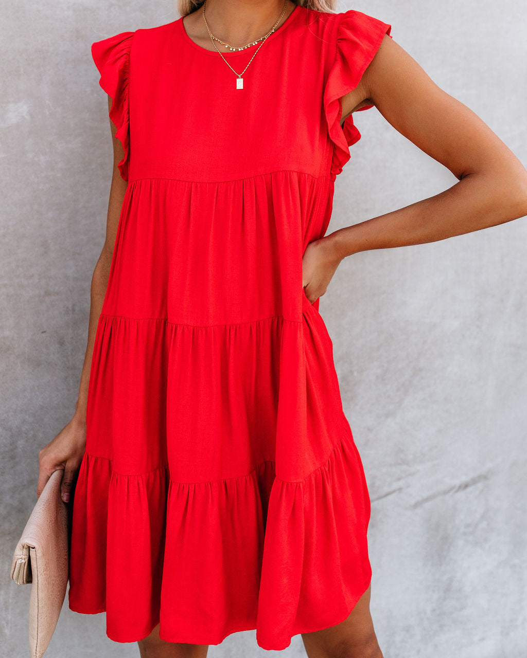 Round Neck Flutter Sleeve Tiered Pocket Babydoll Mini Dress 12