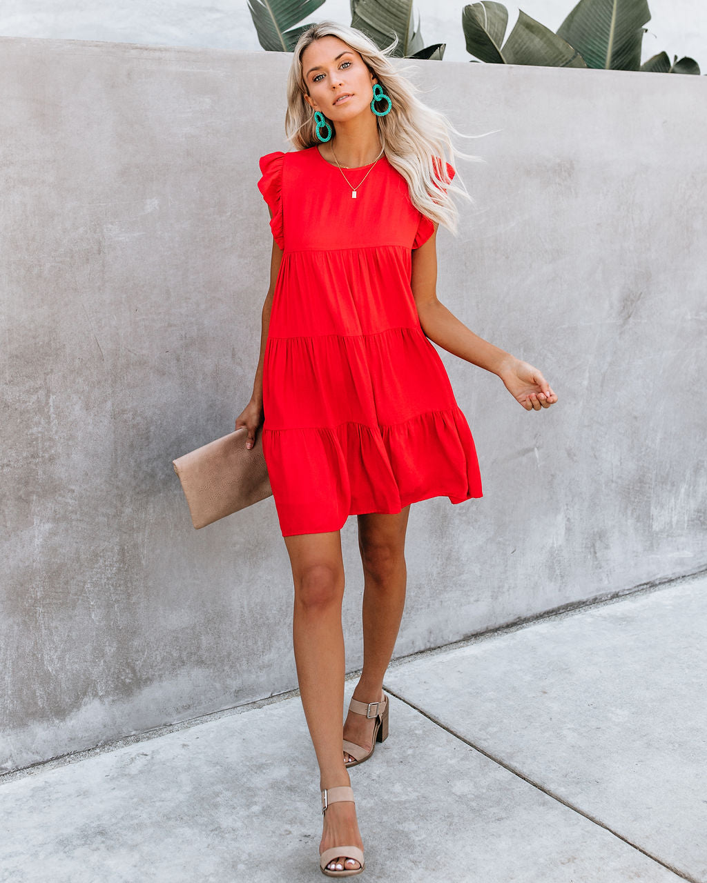 Round Neck Flutter Sleeve Tiered Pocket Babydoll Mini Dress 13