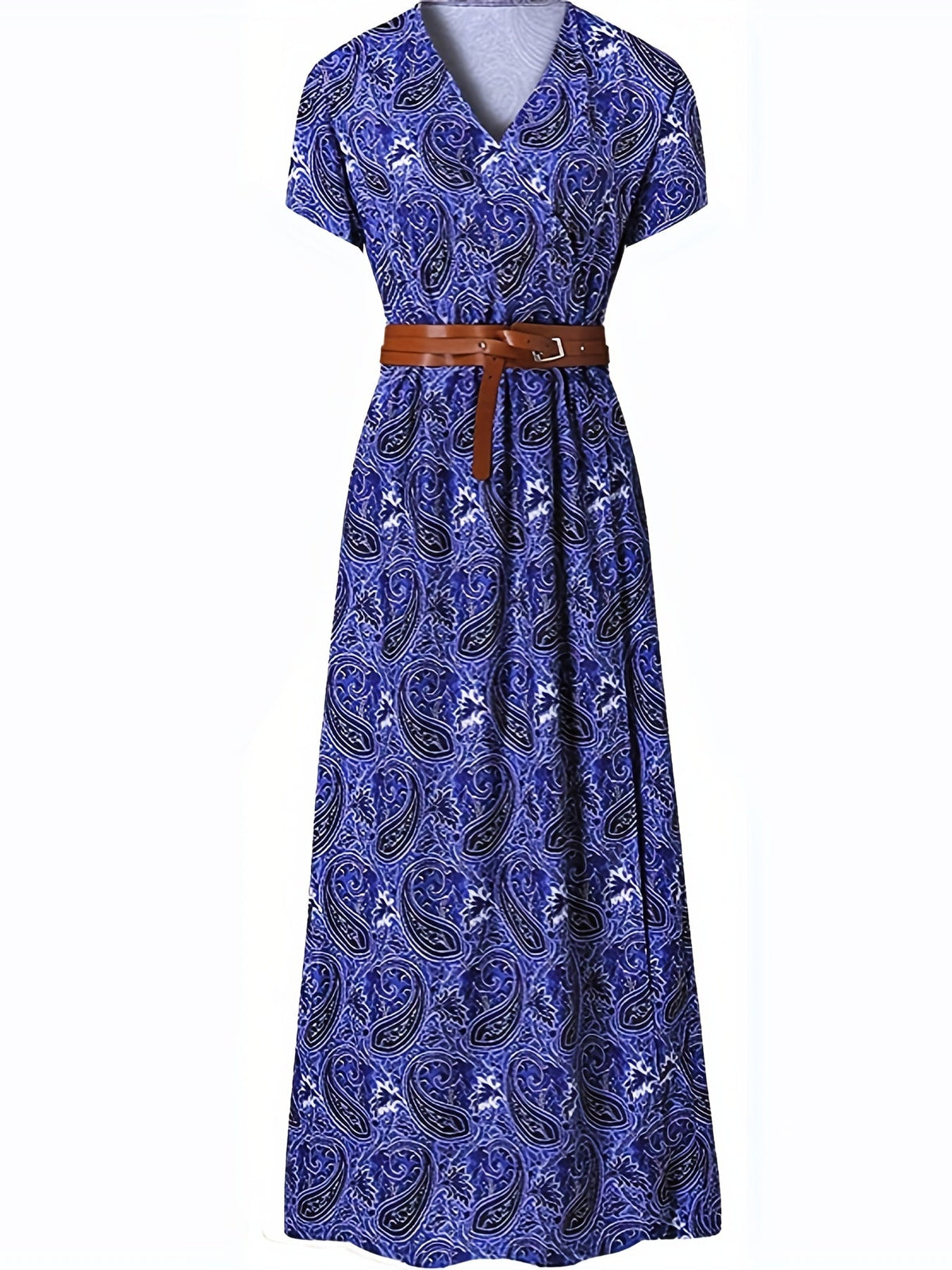 Paisley Print V-Neck Short Sleeve Belted Side Slit Maxi Dress 4