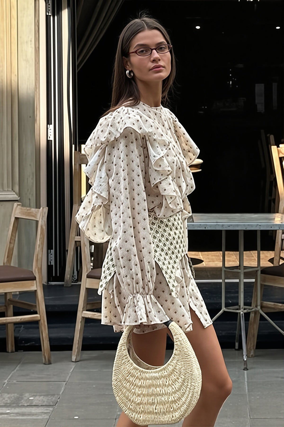 Diamond Print Ruffle Flare Sleeve Button Front Tiered Mini Dress 4