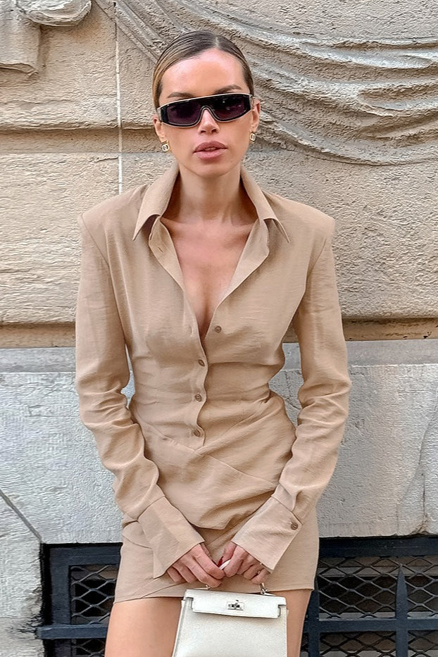 Puff Cuff Button Down Wrap Front Asymmetrical Pleated Shirt Mini Dress 2