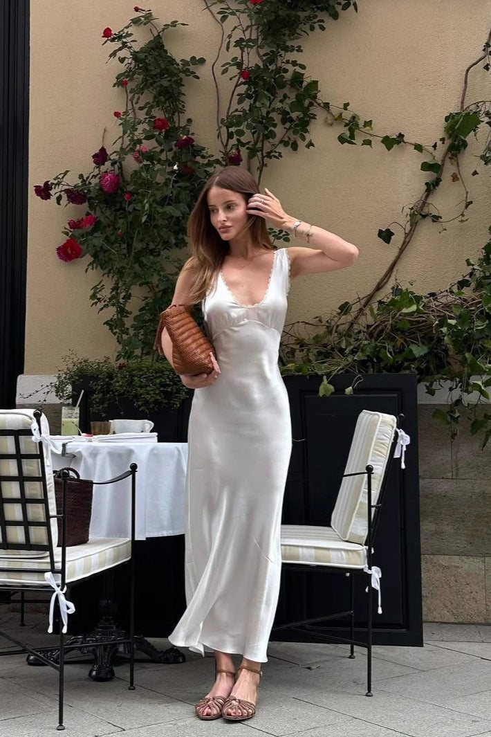 Satin Lace Trim Deep V-Neck Empire Waist Slip Midi Dress 2