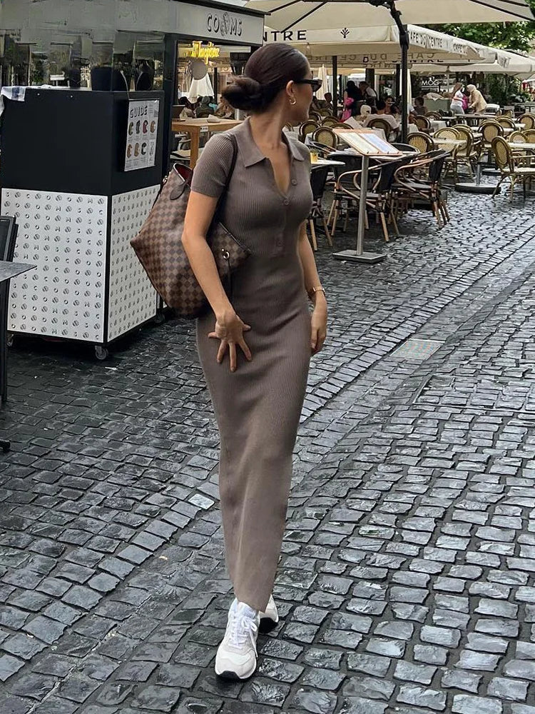 Ribbed Knit Polo Collar Button Placket Side Slit Maxi Dress 6