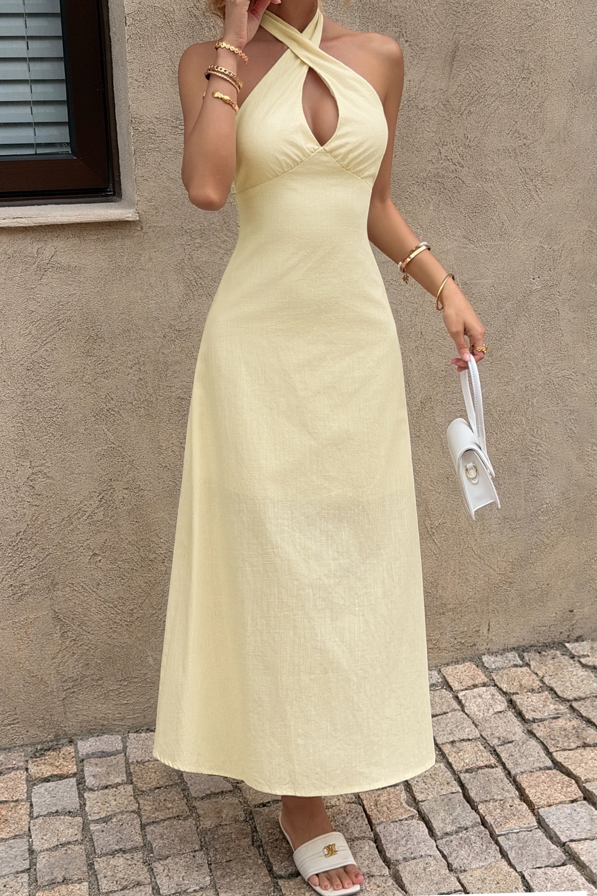 Beige Crisscross Halter Keyhole Ruched Waist A Line Midi Dress 3