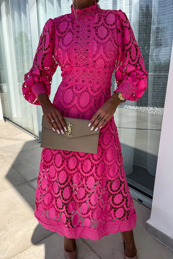 Guipure Lace Mock Neck Lantern Sleeve Scalloped Hem Midi Dress