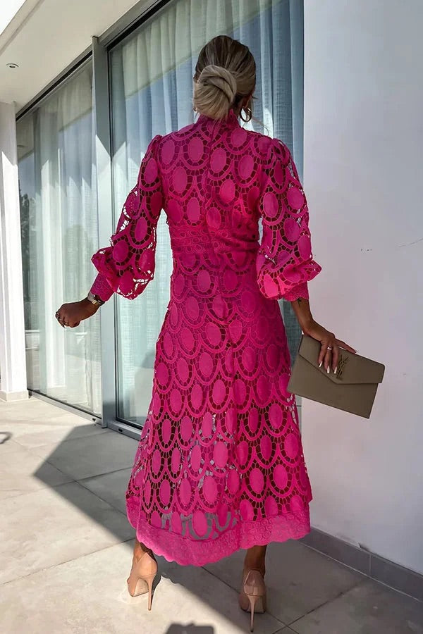 Guipure Lace Mock Neck Lantern Sleeve Scalloped Hem Hollow Out Midi Dress 5
