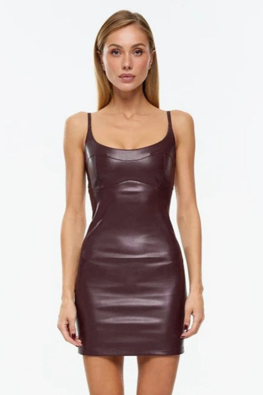 Spaghetti Strap Scoop Neck Faux Leather Bodycon Mini Dress 10