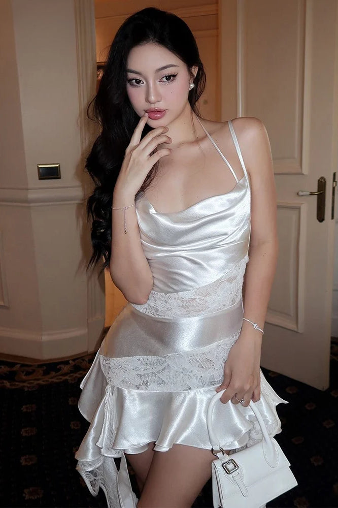 Cowl Neck Lace Panel Satin Cascading Ruffle Asymmetric Hem Mini Dress 3
