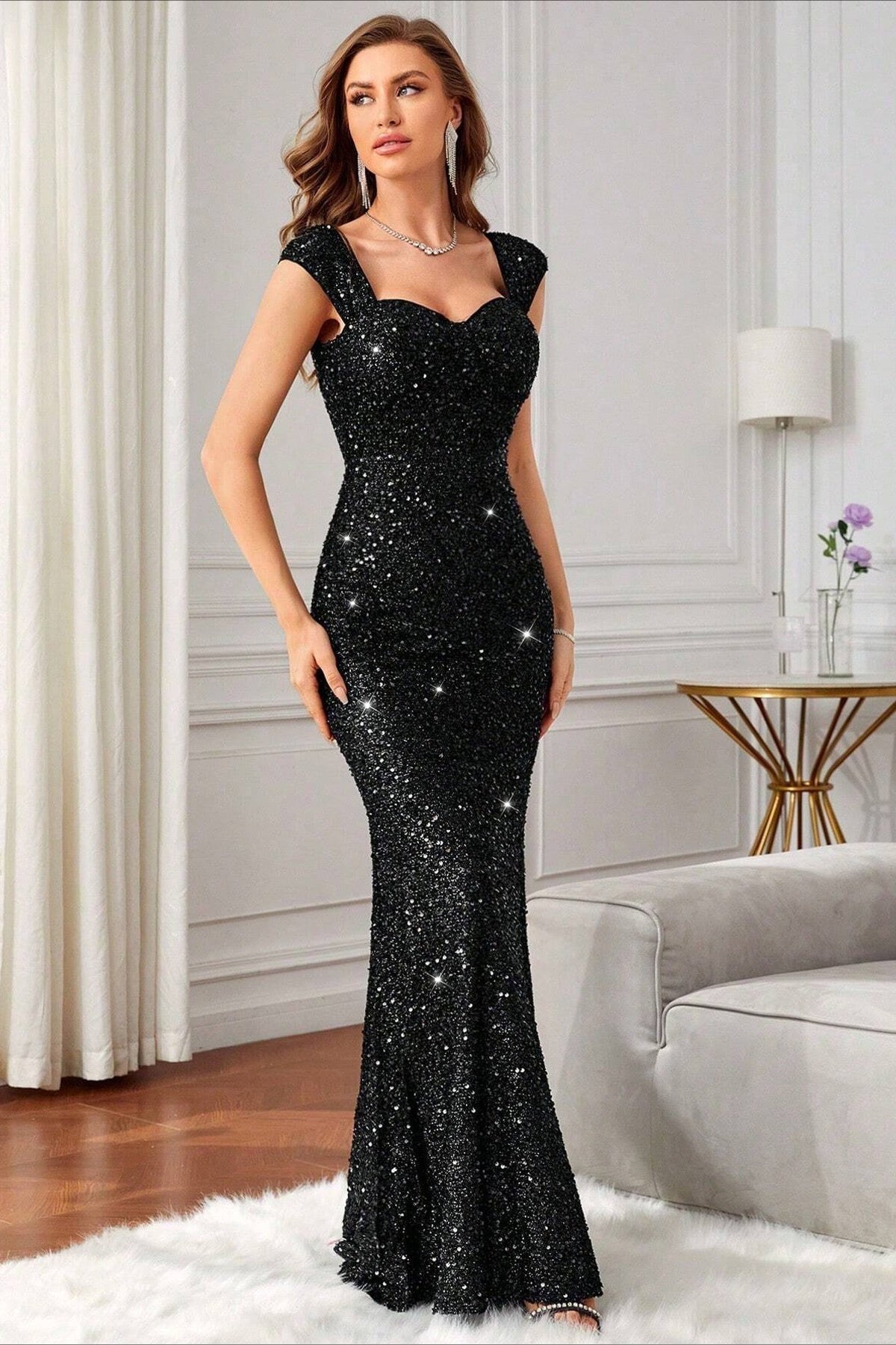 Sequin Embellished Sweetheart Cap Sleeve Mermaid Maxi Gown 15