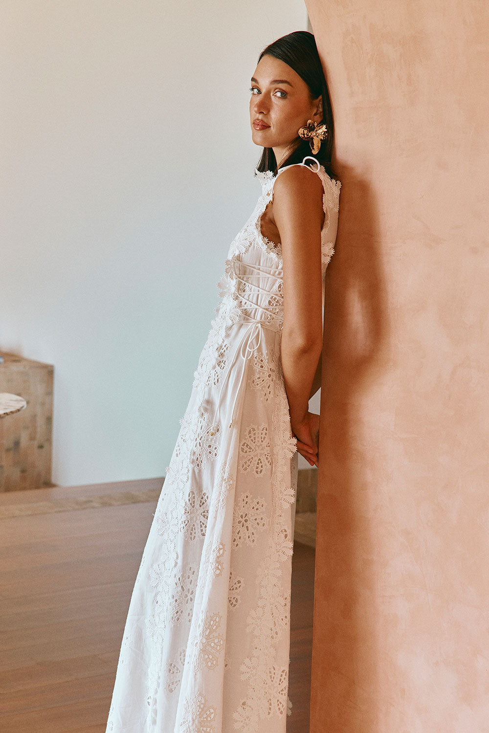 Floral Eyelet Embroidery Scalloped Lace Trim Tie Waist Maxi Dress 3