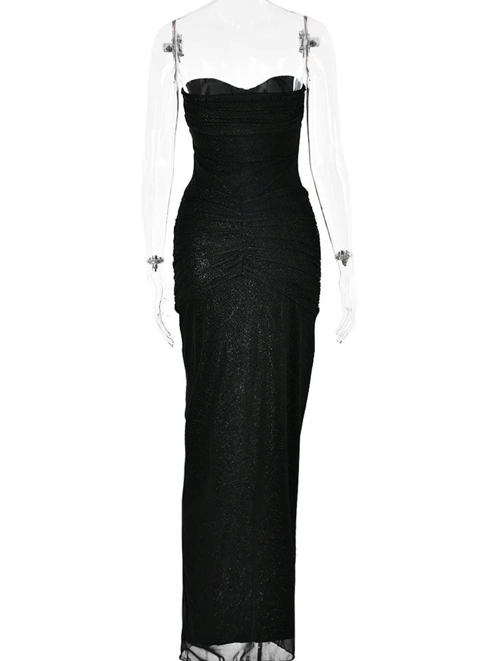 Glitter Mesh Strapless Sweetheart Neck Ruched Hip Knot Maxi Dress 5
