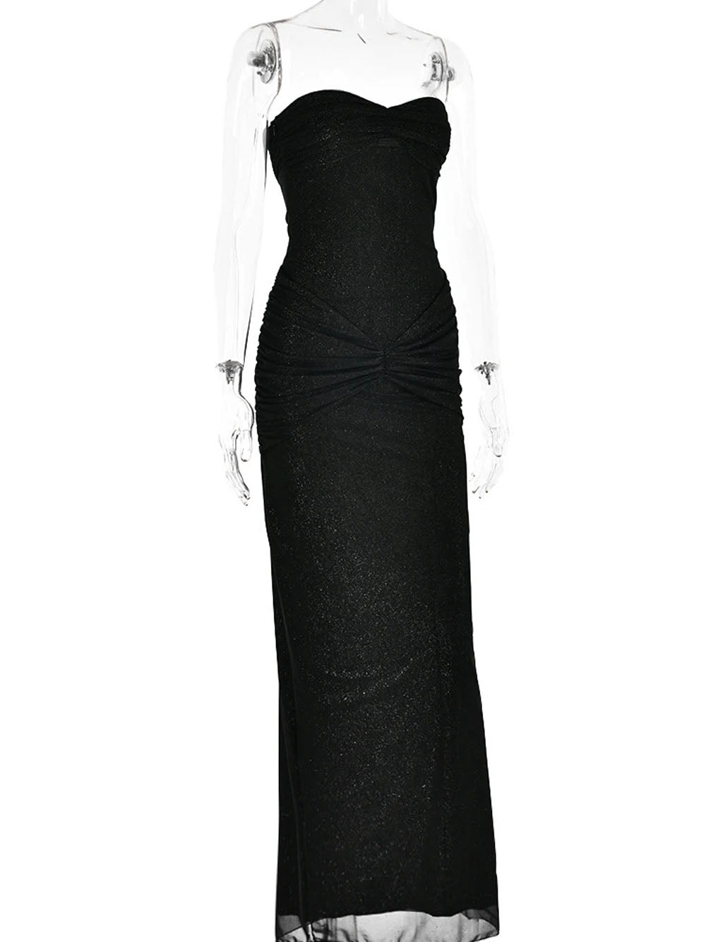Glitter Mesh Strapless Sweetheart Neck Ruched Hip Knot Maxi Dress 4