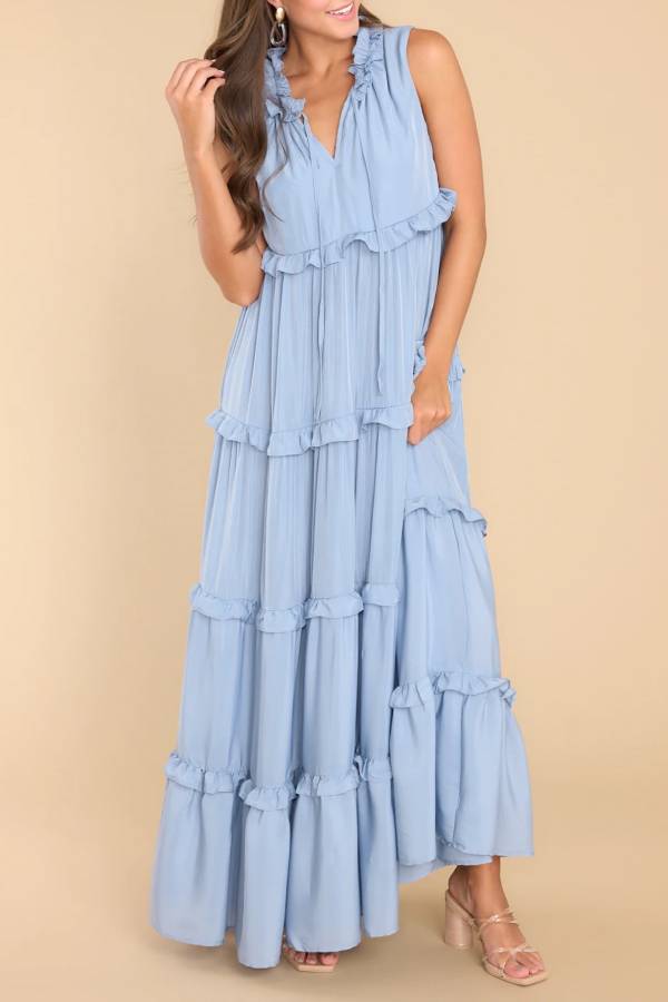 Ruffle Collar V-Neck Tie Strap Tiered Floor-Length Maxi Dress 2