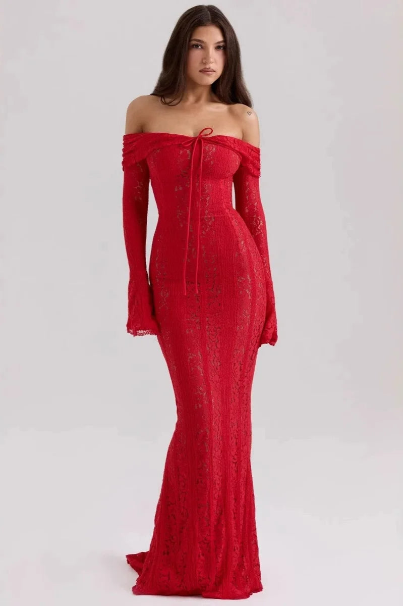 Off Shoulder Lace Drawstring Bust Bell Sleeve Mermaid Maxi Dress 5