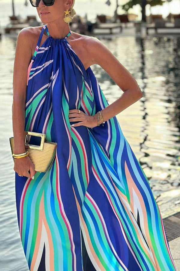 Graphic Wave Print Halter Neck Gathered Throat Flowy Maxi Dress 3