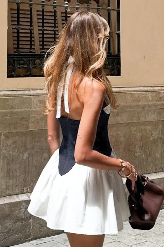 Halter Neck Deep V-Neck Ruched Contrast Waist Puff Skirt Mini Dress 2