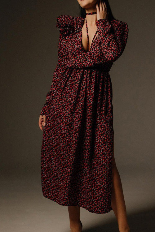 Deep V Neck Long Sleeve 3D Flower Applique High Slit Maxi Dress 5