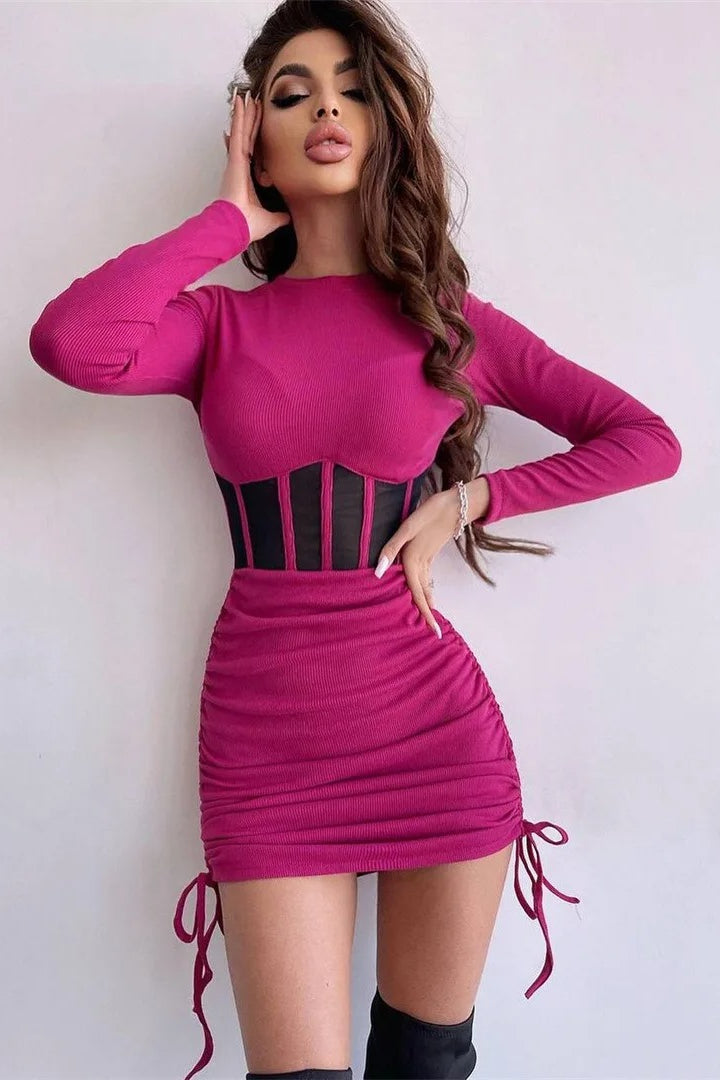 Knit Long Sleeve Corset Mesh Panel Ruched Drawstring Mini Dress 4