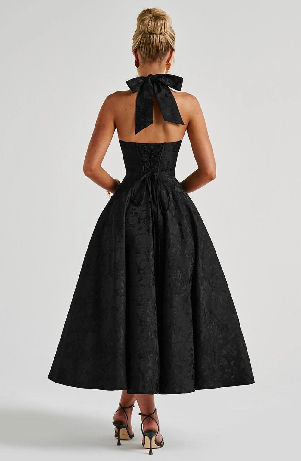 Jacquard Floral Halter Plunging V Corset Bodice Fit and Flare Midi Dress 14