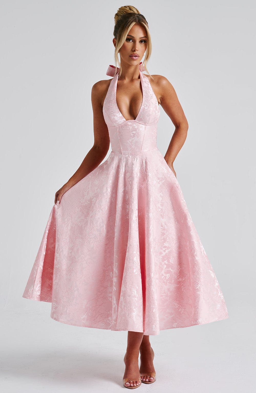 Jacquard Floral Halter Sweetheart Corset A-Line Midi Dress 5