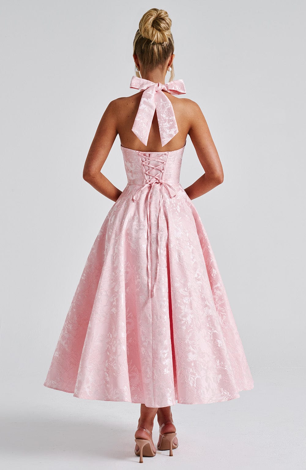 Jacquard Floral Halter Sweetheart Corset A-Line Midi Dress 7