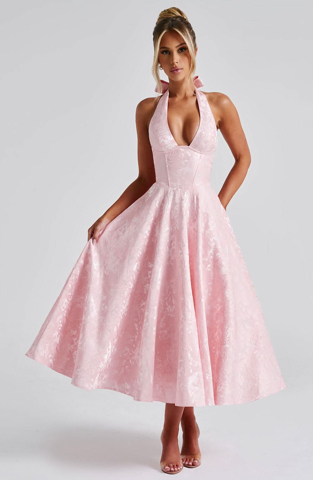 Jacquard Floral Halter Plunging V Corset Bodice Fit and Flare Midi Dress 4