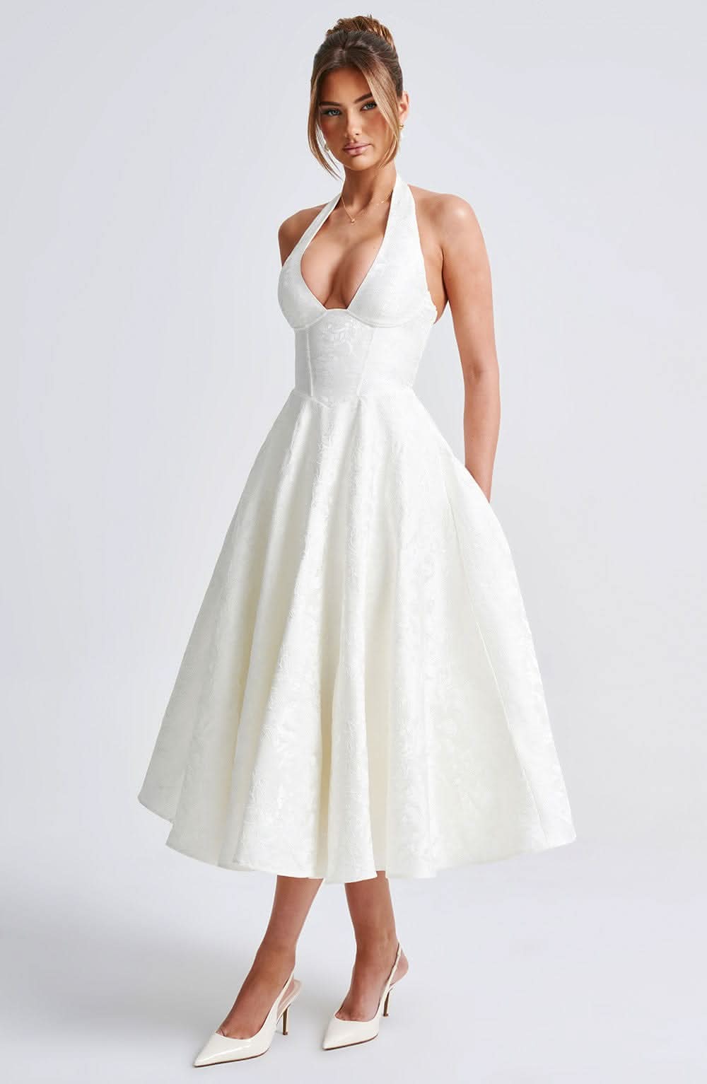Jacquard Floral Halter Plunging V Corset Bodice Fit and Flare Midi Dress 11
