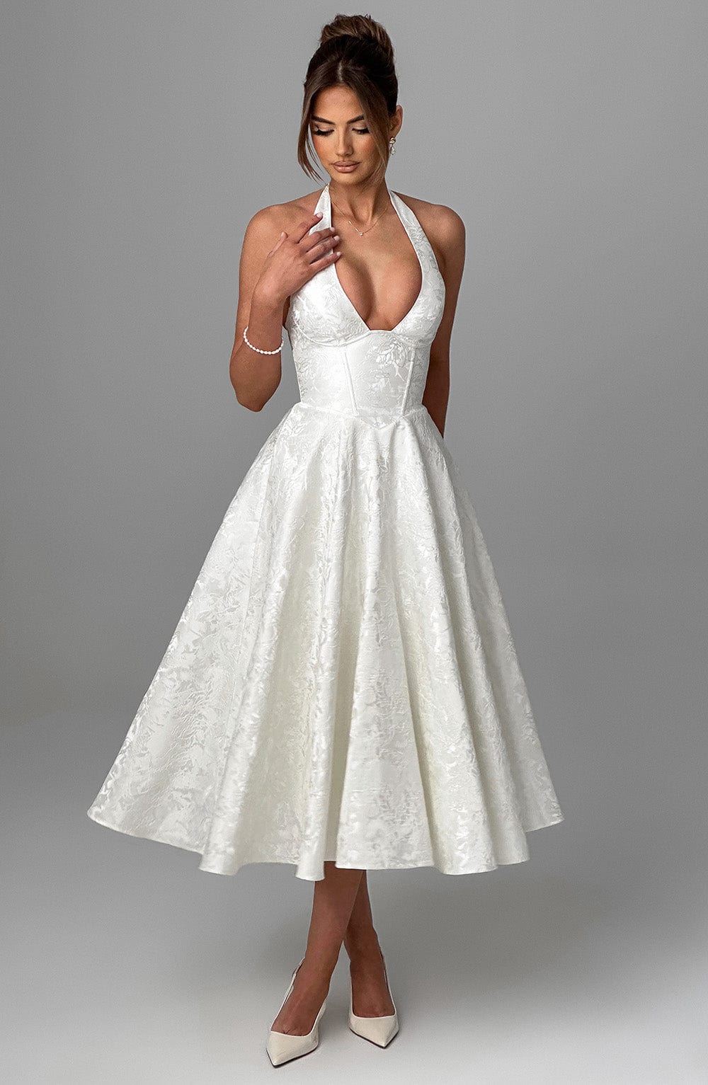 Jacquard Floral Halter Sweetheart Corset A-Line Midi Dress 8