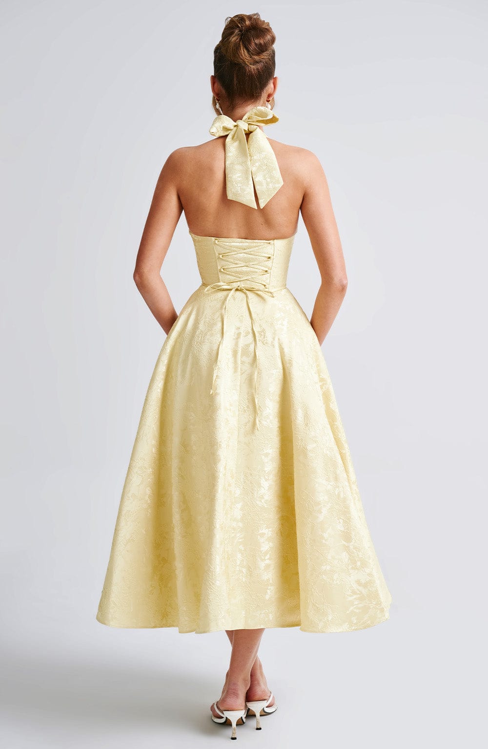 Jacquard Floral Halter Sweetheart Corset A-Line Midi Dress 15