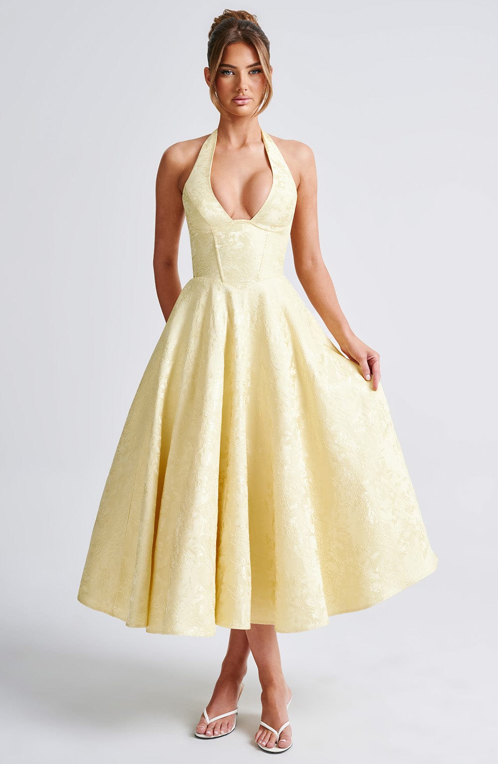 Jacquard Floral Halter Sweetheart Corset A-Line Midi Dress 4