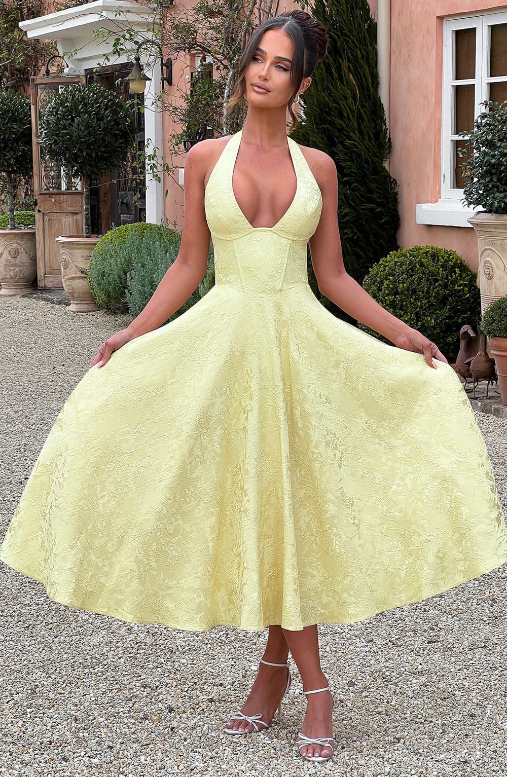 Jacquard Floral Halter Sweetheart Corset A-Line Midi Dress 2