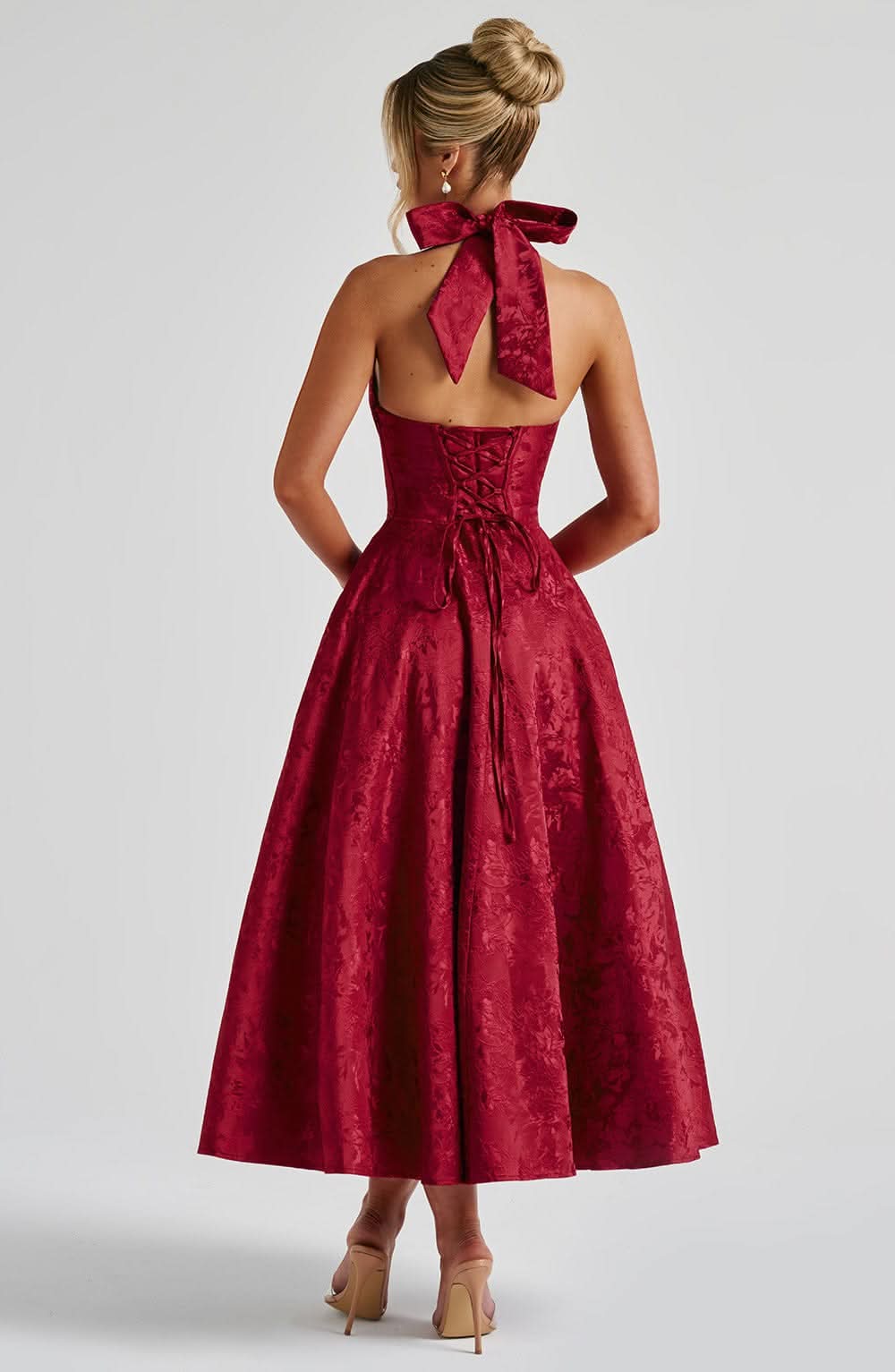 Jacquard Floral Halter Plunging V Corset Bodice Fit and Flare Midi Dress 8