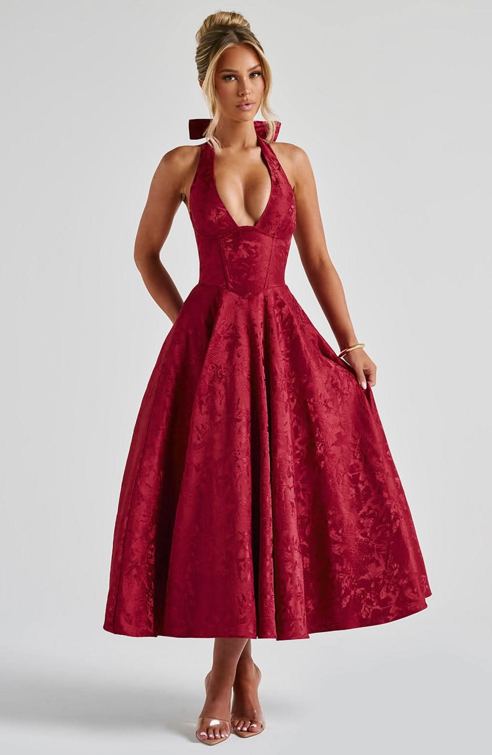 Jacquard Floral Halter Plunging V Corset Bodice Fit and Flare Midi Dress 7