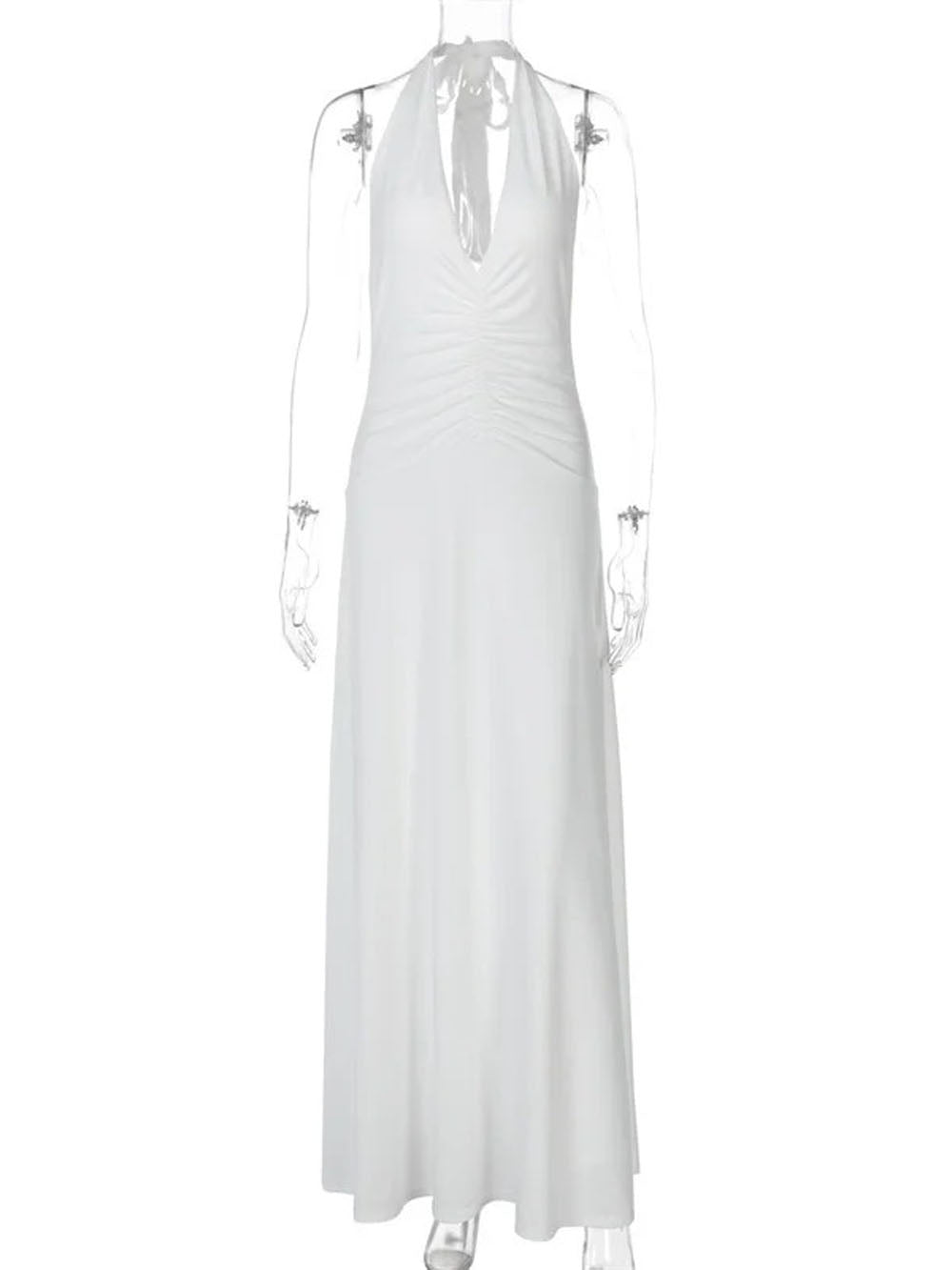 Wide Strap Plunge V-Neck Horizontal Ruched Bodycon Floor-Length Maxi Dress 10