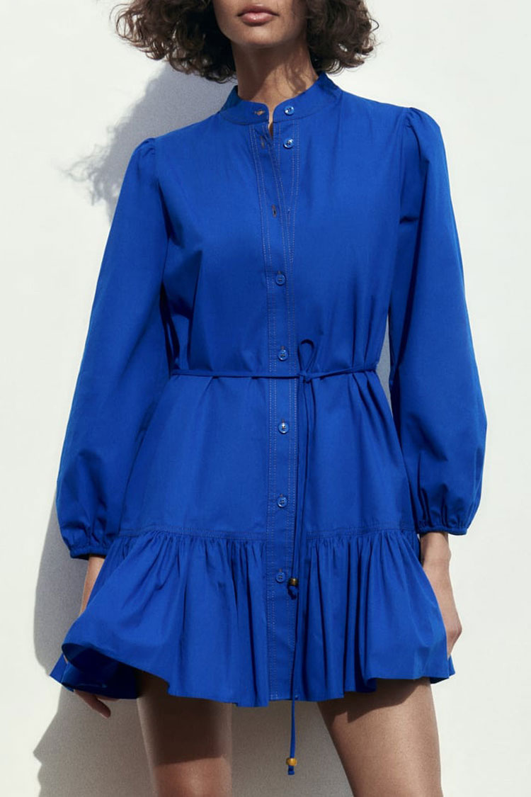 Mandarin Collar Button Front Bishop Sleeve Tie Waist Tiered Mini Shirt Dress 2