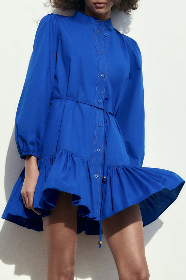 Mandarin Collar Button Front Bishop Sleeve Tie Waist Tiered Mini Shirt Dress 3