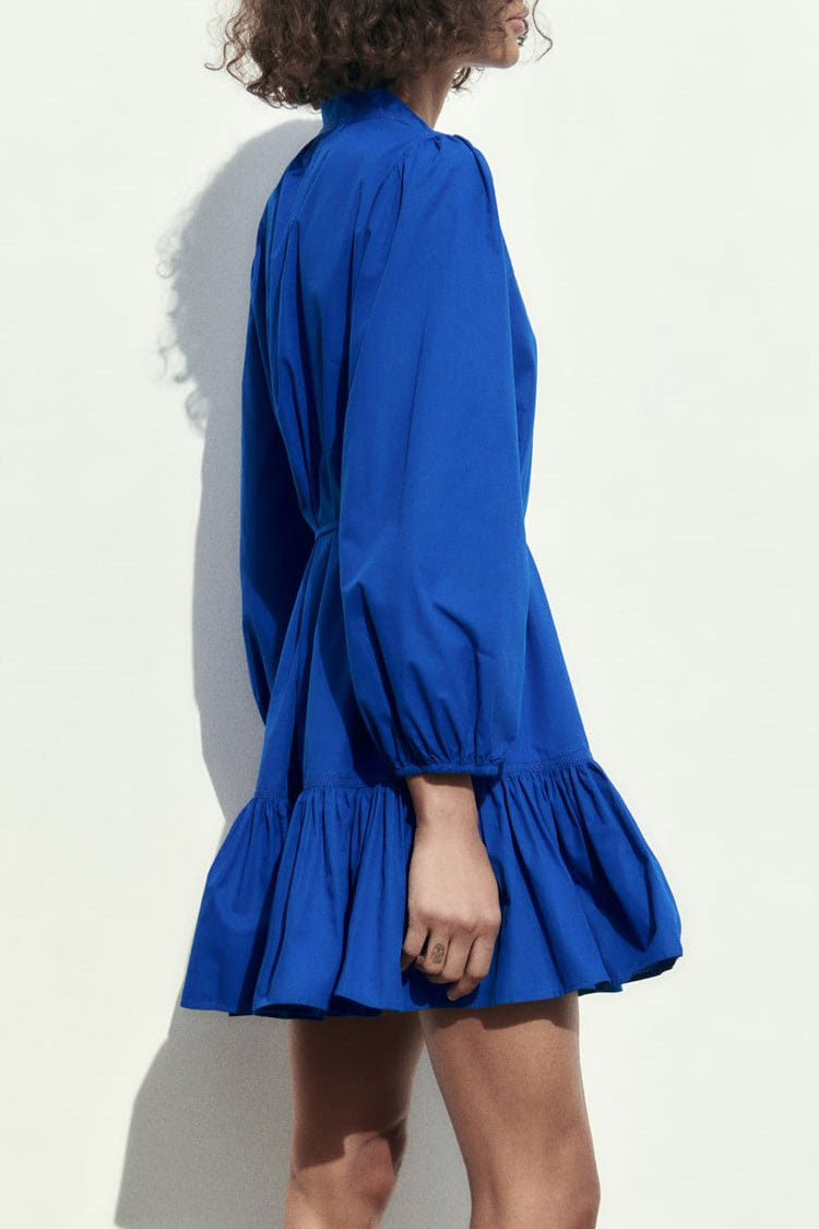 Mandarin Collar Button Front Bishop Sleeve Tie Waist Tiered Mini Shirt Dress 5