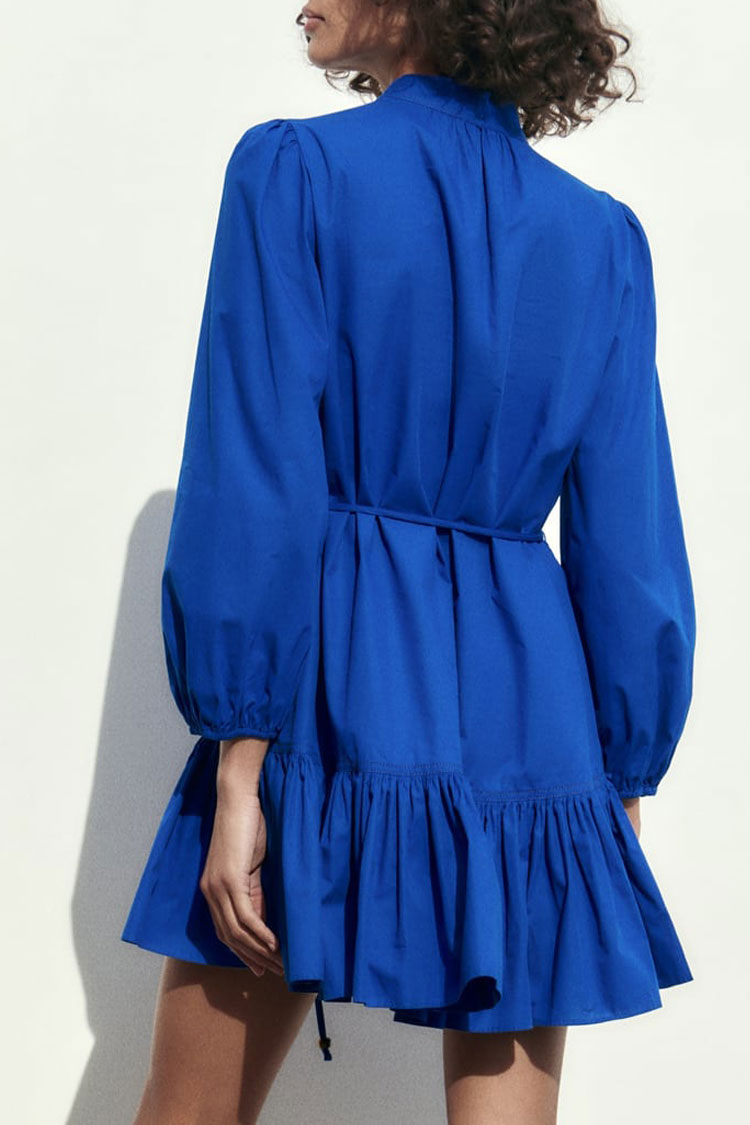 Mandarin Collar Button Front Bishop Sleeve Tie Waist Tiered Mini Shirt Dress 6