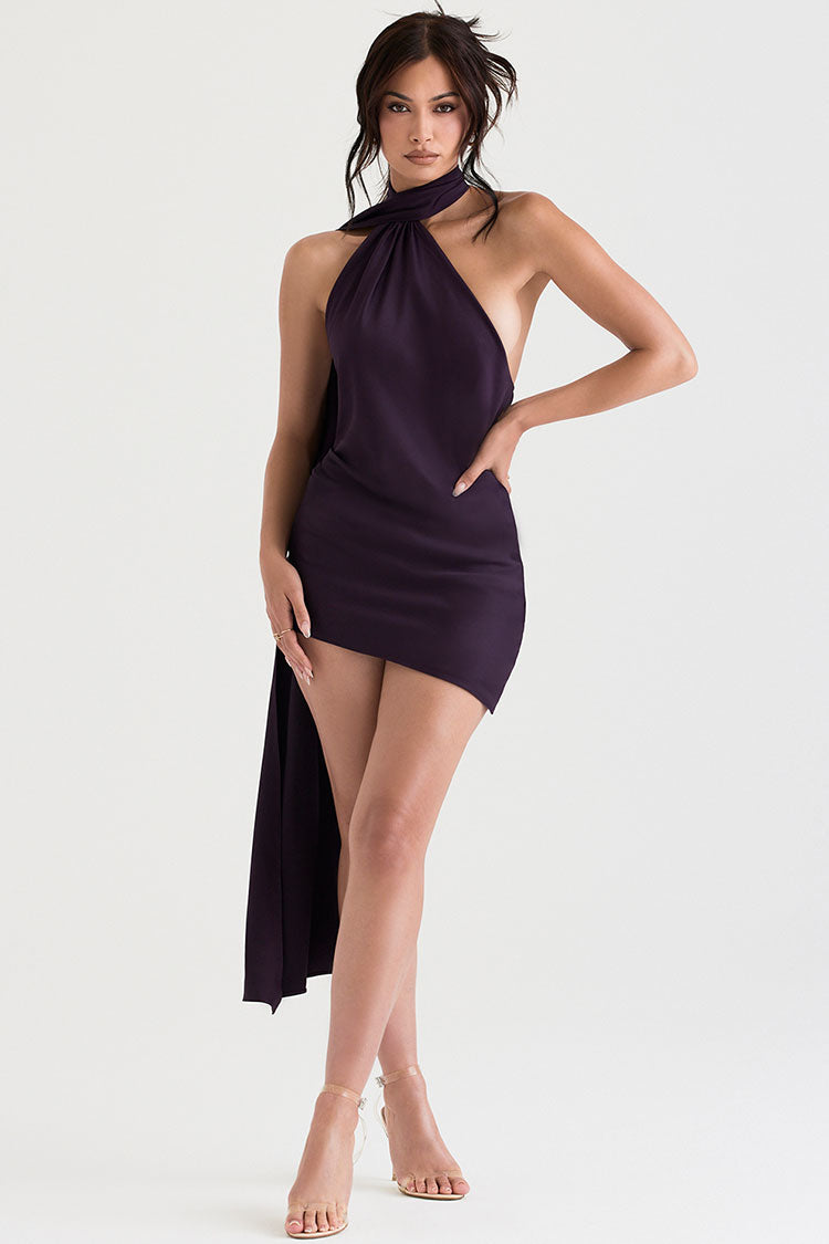Gathered Halter High Neck Backless Draped Sash Train Satin Mini Dress