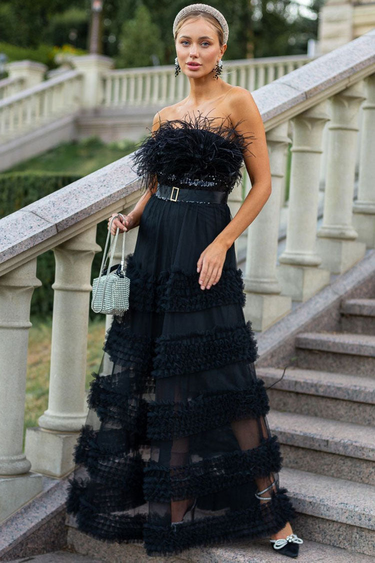 Feather Trim Strapless Sequin Belted Tiered Tulle Maxi Gown
