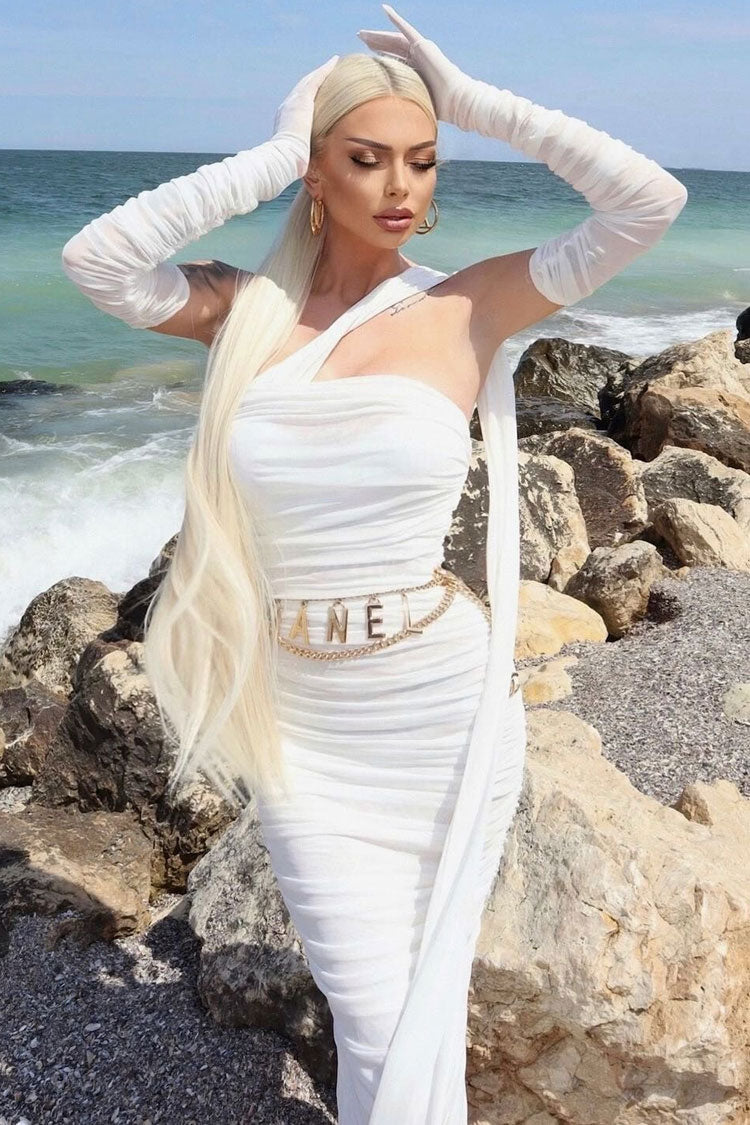 Strapless Ruched Mesh Opera Glove Choker Neck Wrap Column Maxi Gown 3