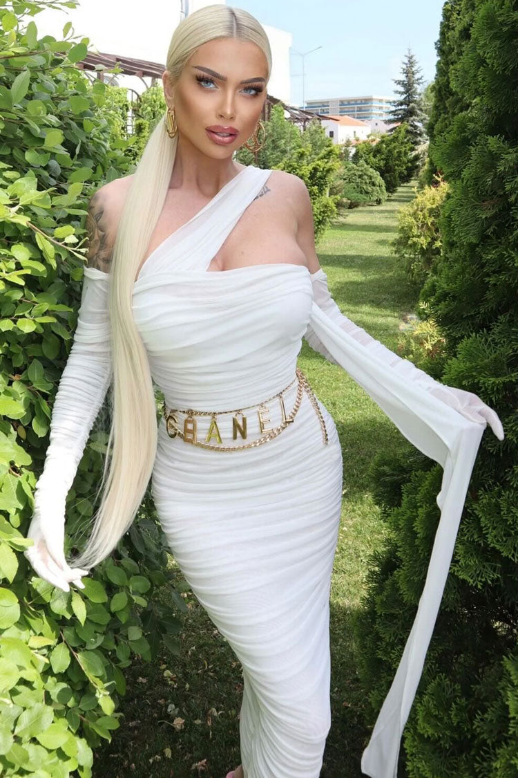 Strapless Ruched Mesh Opera Glove Choker Neck Wrap Column Maxi Gown 5