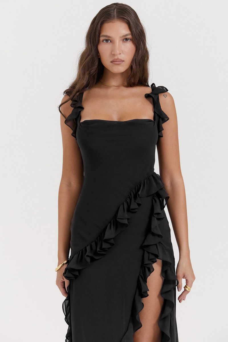 Square Neck Ruffle Strap Diagonal Ruffle Detail High Slit Maxi Dress 12