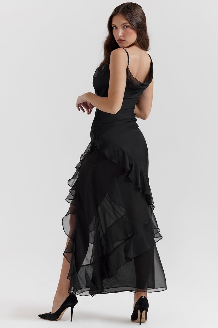 Square Neck Ruffle Strap Diagonal Ruffle Detail High Slit Maxi Dress 13