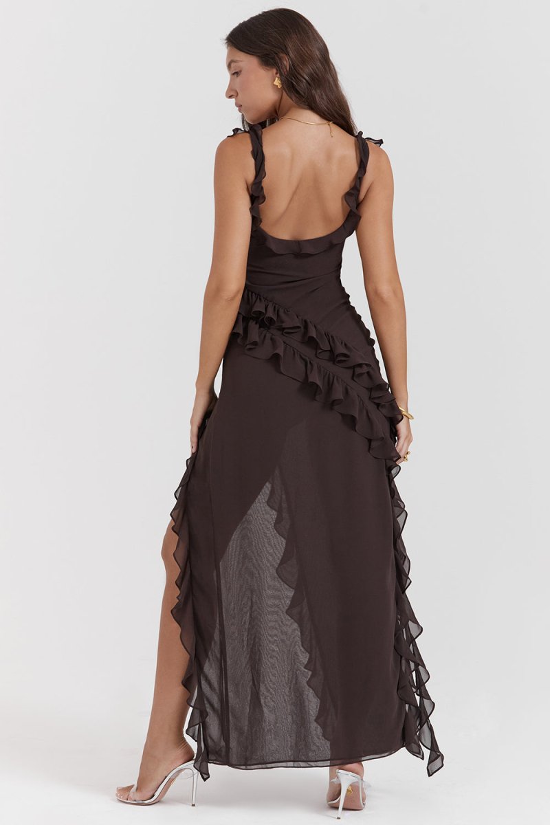 Square Neck Ruffle Strap Diagonal Ruffle Detail High Slit Maxi Dress 17